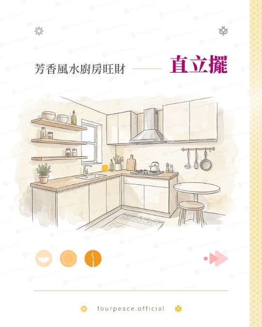 三個黃色風水碟直立疊放於廚房檯面